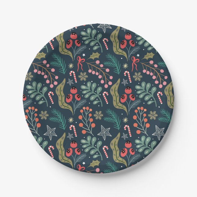 Festive Candy Cane and Holly Pattern Paper Plate (Front)