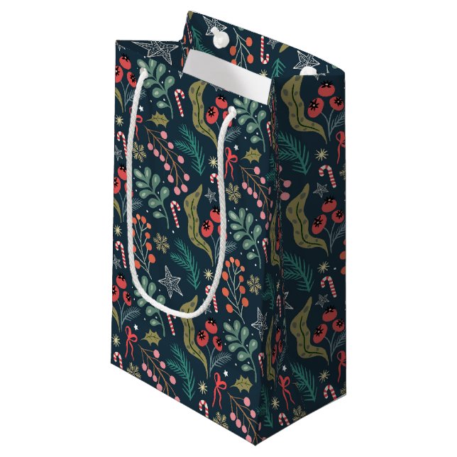 Festive Candy Cane and Holly Pattern Small Gift Bag (Front Angled)