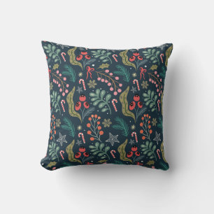 Festive Candy Cane and Holly Pattern Throw Pillow