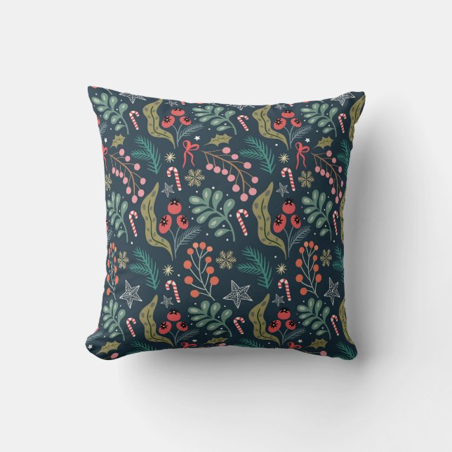 Festive Candy Cane and Holly Pattern Throw Pillow (Front)