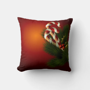 Festive Candy Cane and Pine Branches Crimson Red C Throw Pillow