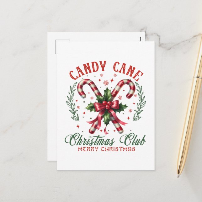 Festive candy cane Christmas club add message Holiday Postcard (Front/Back In Situ)