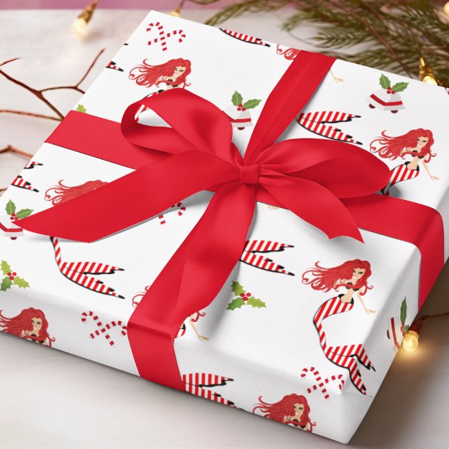 Festive Candy Cane Christmas Mermaid Wrapping Paper (Creator Uploaded)