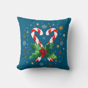 Festive Candy Cane Heart Christmas Holly & Star Throw Pillow