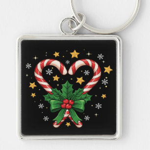 Festive Candy Cane Heart with Holly & Stars Keychain