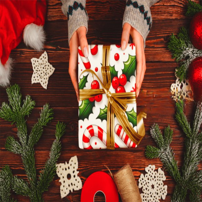 Festive Candy Cane & Holly Christmas Wrapping Pape Paper (Creator Uploaded)