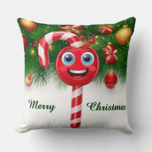 Festive Candy Cane Lollipop With Smiley Face Throw Pillow