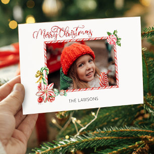 Festive Candy Cane Merry Christmas One Photo Holiday Card