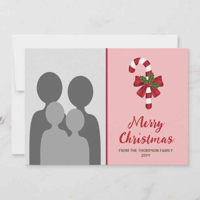 Festive Candy Cane On Pink With Custom Photo Holiday Card (Front)