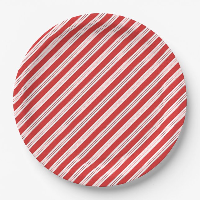 Festive Candy Cane Striped Christmas Red White  Paper Plate (Front)