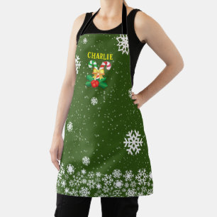 FESTIVE Candy Canes Holly with Snowflakes on GREEN Apron