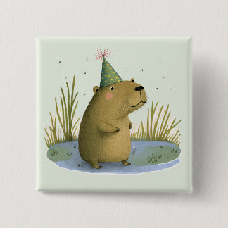 Festive Capybara Birthday Hat Button