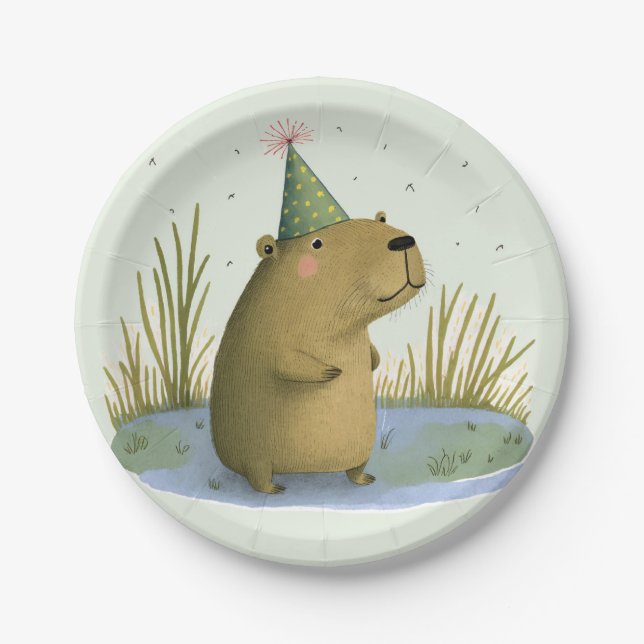 Festive Capybara Birthday Hat Paper Plates (Front)