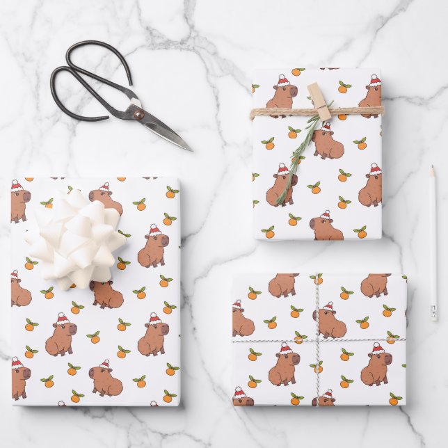Festive Capybara Christmas Holiday Wrapping Paper Sheet (Front)