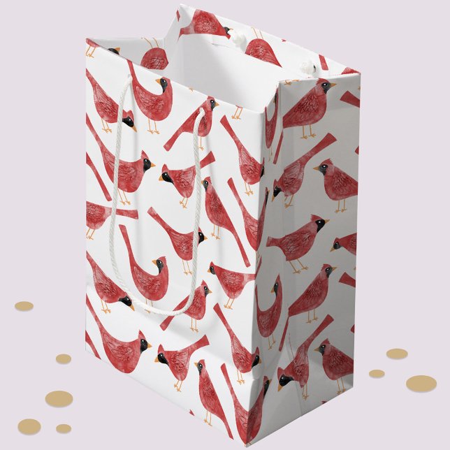 Festive Cardinal Bird Watercolor Medium Gift Bag (Fun and festive Christmas Holiday Cardinal bird red and white watercolor gift bag)