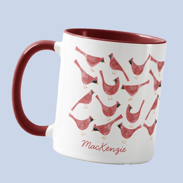Festive Cardinal Bird Watercolor Personalized Name Mug (Fun watercolor cardinal birds personalized name mug)