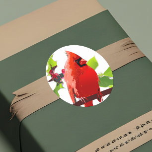 Festive Cardinal Bird Winter Holly Holiday Cheer Classic Round Sticker