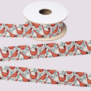 Festive Cardinal Birds Pattern Satin Ribbon