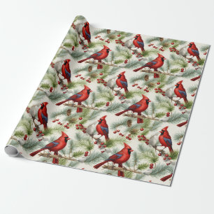 Festive Cardinal Holy Berry Pinecone Christmas Wrapping Paper
