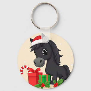 Festive Cartoon Black Horse With Santa Hat Keychain