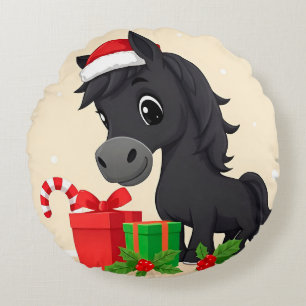 Festive Cartoon Black Horse With Santa Hat Round Pillow