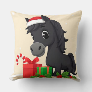 Festive Cartoon Black Horse With Santa Hat Throw Pillow
