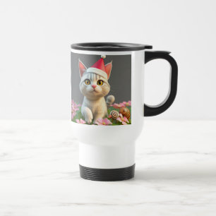 Festive Cartoon Cat with Santa Hat Among Flowers Travel Mug