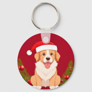 🐶 Festive Cartoon Dog With Santa Hat For Holiday  Keychain