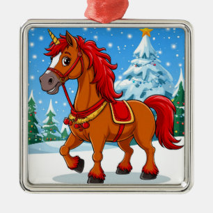 Festive Cartoon Horse in Christmas Wonderland Metal Ornament