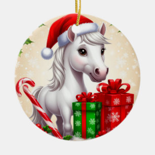 Festive Cartoon Horse in Santa Hat With Gifts Ceramic Ornament
