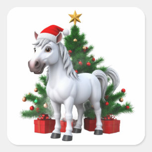 Festive Cartoon Pony in Santa Hat Square Sticker
