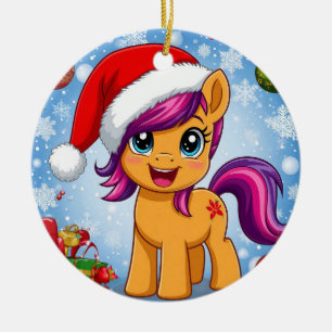Festive Cartoon Pony Wearing Santa Hat  Ceramic Ornament