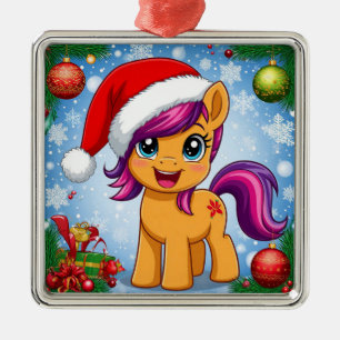 Festive Cartoon Pony Wearing Santa Hat Metal Ornament