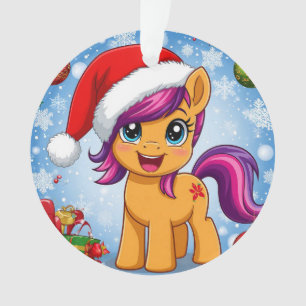 Festive Cartoon Pony Wearing Santa Hat Ornament