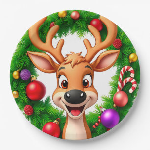 Festive Cartoon Reindeer Paper Plate
