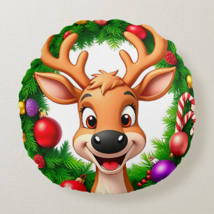 Festive Cartoon Reindeer Round Pillow
