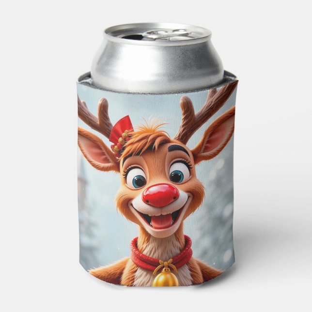 Festive Cartoon Reindeer with Christmas Decoration Can Cooler (Can Front)