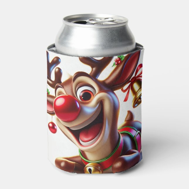 Festive Cartoon Reindeer with Christmas Decoration Can Cooler (Can Front)