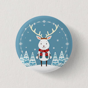 Festive Cartoon Reindeer with Scarf 1 Inch Round Button