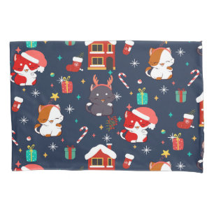 Festive Cartoon Santa Cat Celebration Pillowcase