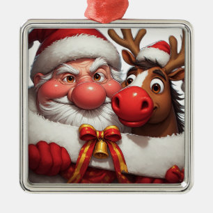 Festive Cartoon Santa Claus and Reindeer Metal Ornament