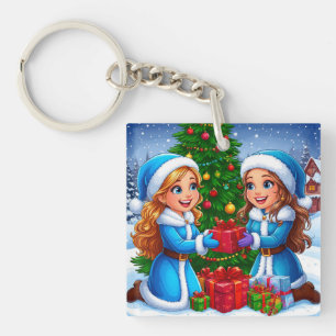Festive Cartoon Scene of Two Friends Keychain