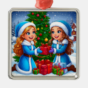 Festive Cartoon Scene of Two Friends Metal Ornament