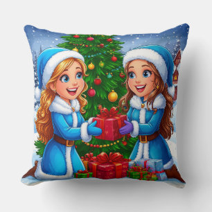 Festive Cartoon Scene of Two Friends Throw Pillow