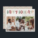 Festive Casual Colourful Happy Holidays Three Phot Holiday Card<br><div class="desc">This festive casual colourful happy holidays three-photo holiday card is perfect for your fun, creative, bright holiday greeting. It's unique, playful modern font in red, boho tan, and light and dark green, make for a happy seasonal feel. If your looking to brighten up your loved ones' dark winter with some...</div>