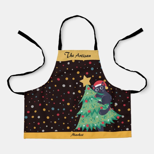"Festive Cat Christmas Tree All-Over Print Apron (Front)