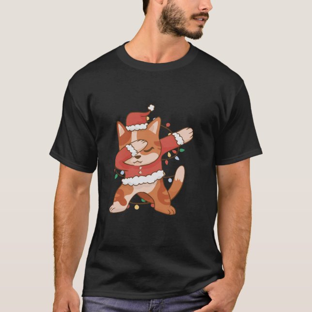 Festive Cat Dab Christmas Lights Fun T-Shirt (Front)