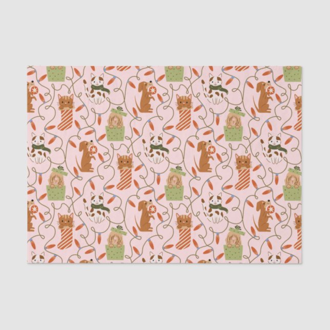 Festive Cat Dog Christmas Lighting Pink Tissue Paper (Front)