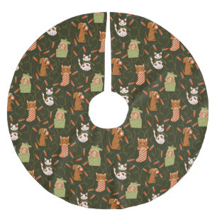 Festive Cat Dog Christmas Lights Green Brushed Polyester Tree Skirt