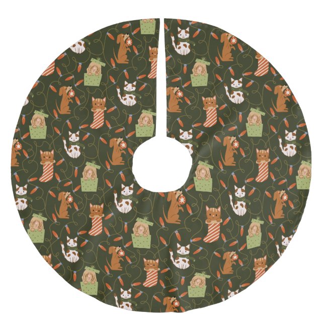 Festive Cat Dog Christmas Lights Green Brushed Polyester Tree Skirt (Front)